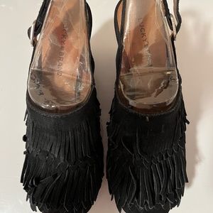 LUCKY BRAND BLACK OILED SUEDE FRINGE WEDGE SANDALS SIZE 10M